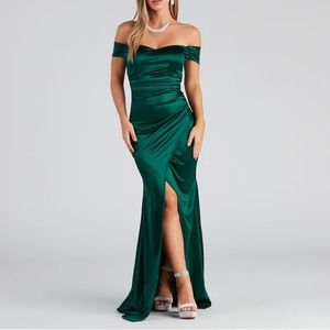 Green Valencia Formal Off-The-Shoulder Wrap Dress from Windsor bridesmaid dress
